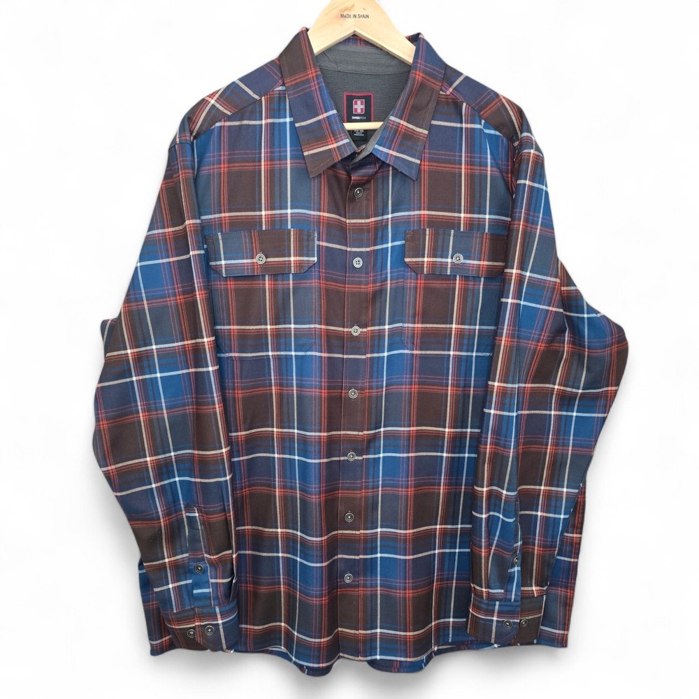 Swiss Tech Shirt Mens 2XL XXL Blue Button Up Plaid Long Sleeve Pockets Casual